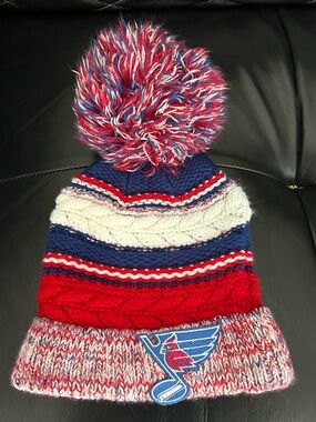 Red, White & Blue Pom-Pom Knit Beanie with STL Cardinals/STL Blues team patch